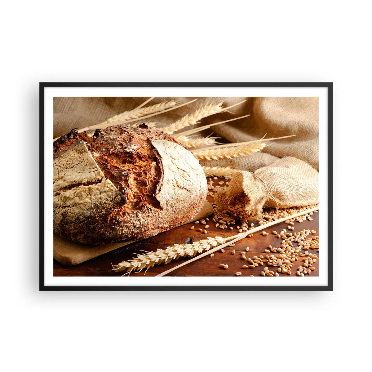 Poster in cornice nera - Pane croccante con cereali e spighe di grano su fondo in legno - 100x70cm - Appetitoso, profumato, croccante - Decorazione murale moderna per soggiorno e camera da letto ARTTOR