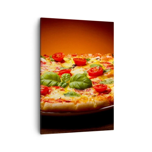 Quadro su tela - Stampe su Tela - Pizza con pomodori e basilico su un tavolo di legno - 50x70cm - Mamma mia! - Decorazione murale moderna per soggiorno e camera da letto ARTTOR