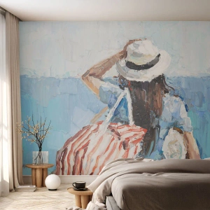 Fotomurali Premium Sand - Donna con borsa e cappello in riva al mare nello stile dell'impressionismo - 100x70cm - Benvenuti in vacanza - Decorazione murale moderna per soggiorno e camera da letto ARTTOR
