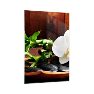 Quadro su vetro - Orchidea bianca con bambù su sfondo di pietra in stile Zen - 70x100cm - Lasciati toccare dalla natura - Decorazione murale moderna per soggiorno e camera da letto ARTTOR