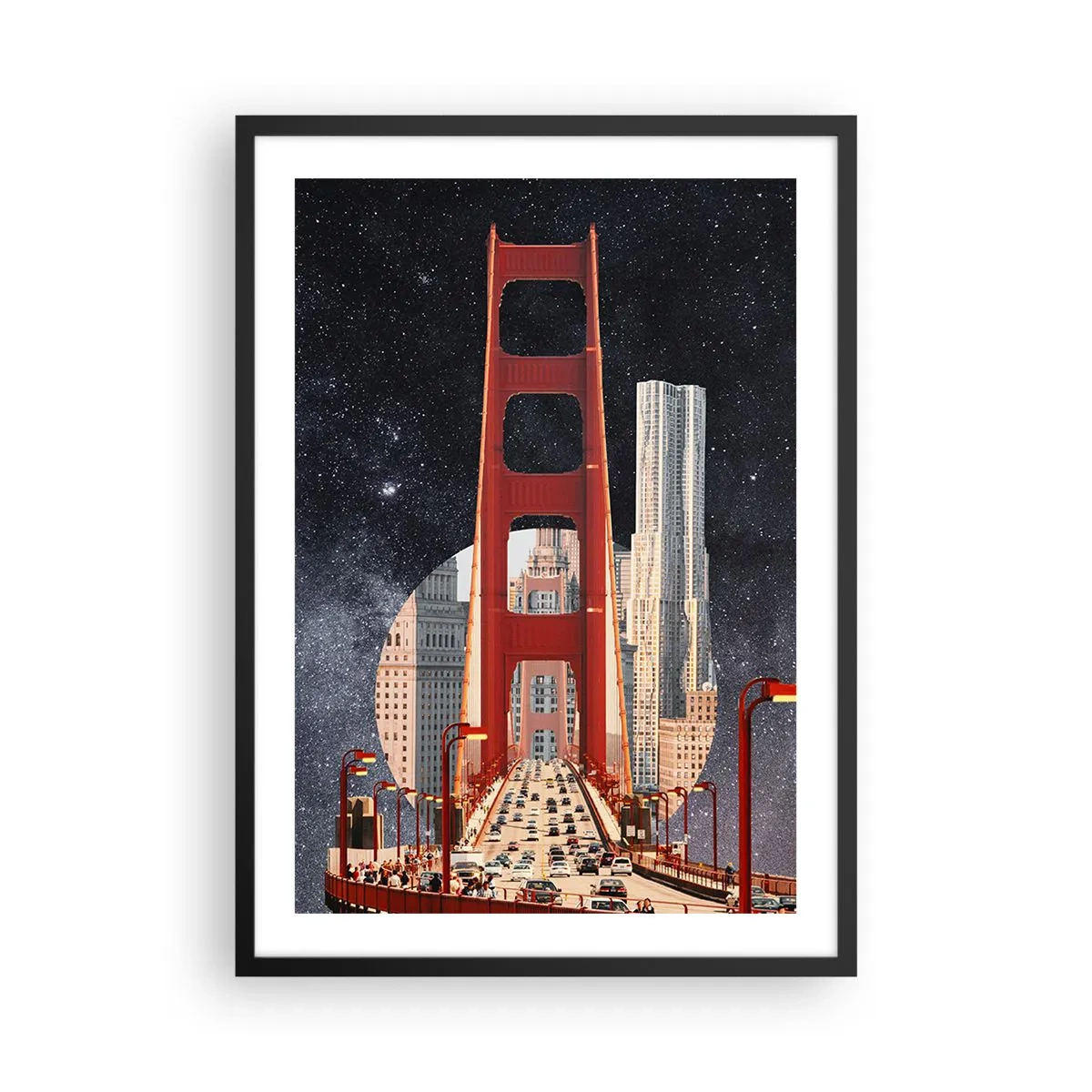 Poster in cornice nera - Un ponte e grattacieli contro il cielo stellato - 50x70cm - Sempre al centro - Decorazione murale moderna per soggiorno e camera da letto ARTTOR