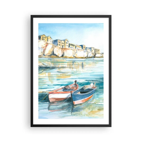 Poster in cornice nera - Paesaggio ad acquerello con barche sull'acqua e una città di mare - 50x70cm - Paesaggio in azzurro - Decorazione murale moderna per soggiorno e camera da letto ARTTOR