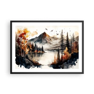 Poster in cornice nera - Paesaggio montano autunnale con lago e alberi in acquerello - 70x50cm - L'autunno dorato sui monti - Decorazione murale moderna per soggiorno e camera da letto ARTTOR