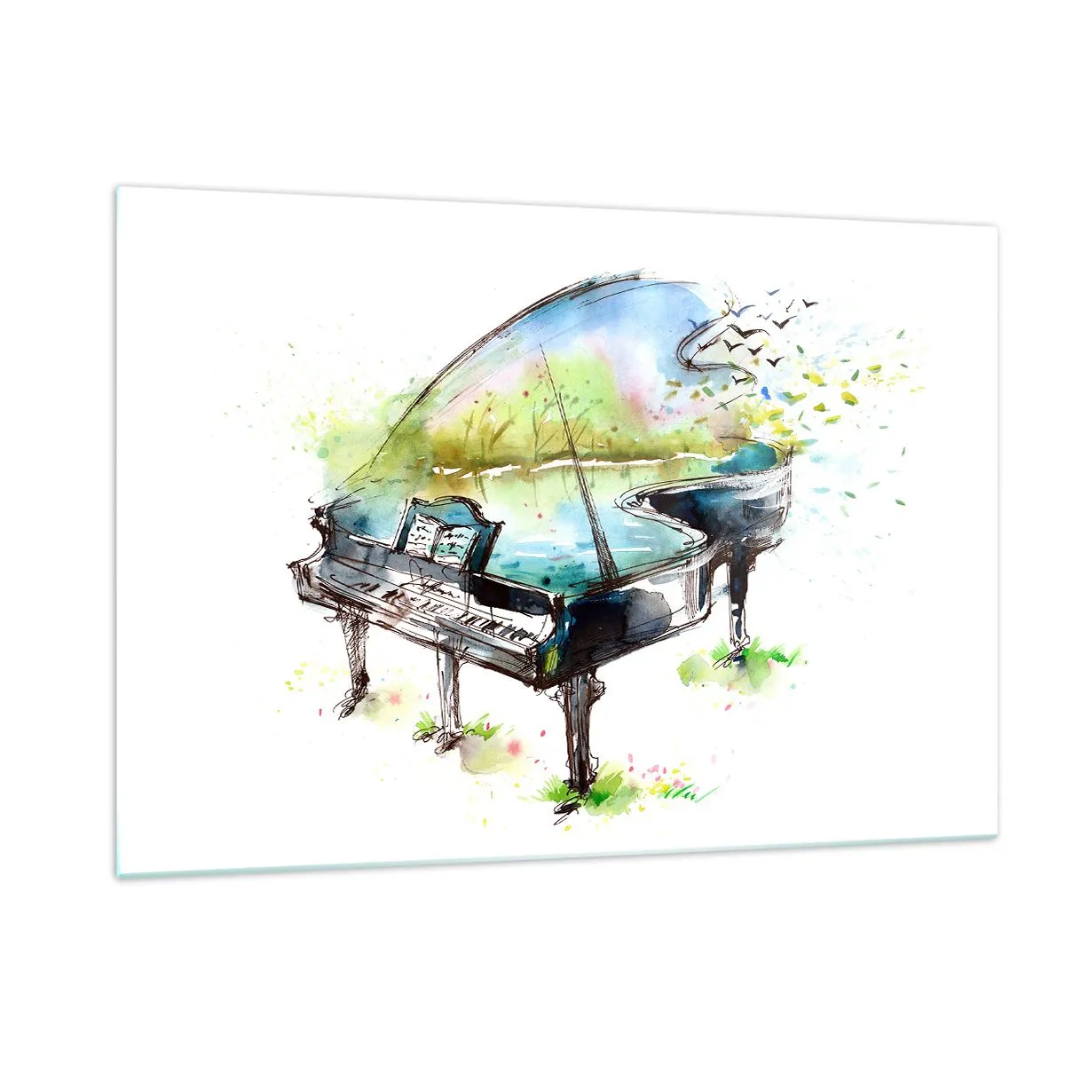 Quadro su vetro - Acquerello di un pianoforte immerso nella natura - 120x80cm - Incantato nella musica - Decorazione murale moderna per soggiorno e camera da letto ARTTOR