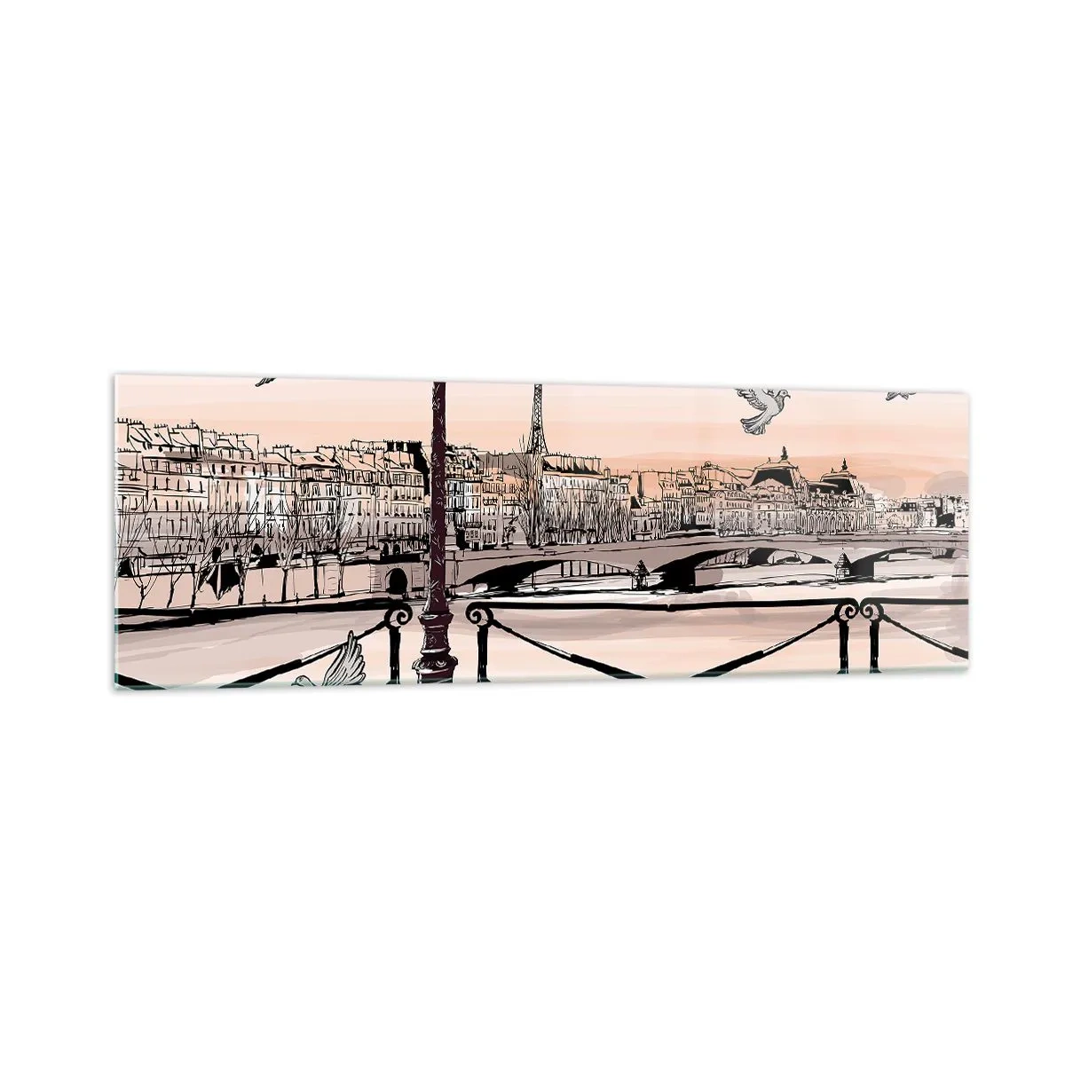 Quadro su vetro - Veduta parigina con lanterna e ponte - 160x50cm - Sui tetti di Parigi - Decorazione murale moderna per soggiorno e camera da letto ARTTOR