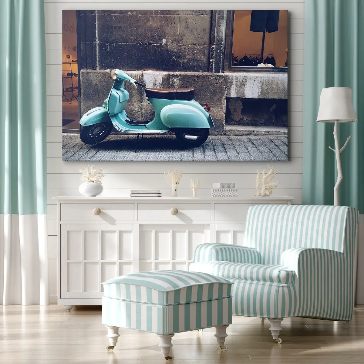 Quadro su tela - Stampe su Tela - Uno scooter retrò parcheggiato contro un muro di pietra - 120x80cm - Atmosfera indimenticabile - Decorazione murale moderna per soggiorno e camera da letto ARTTOR