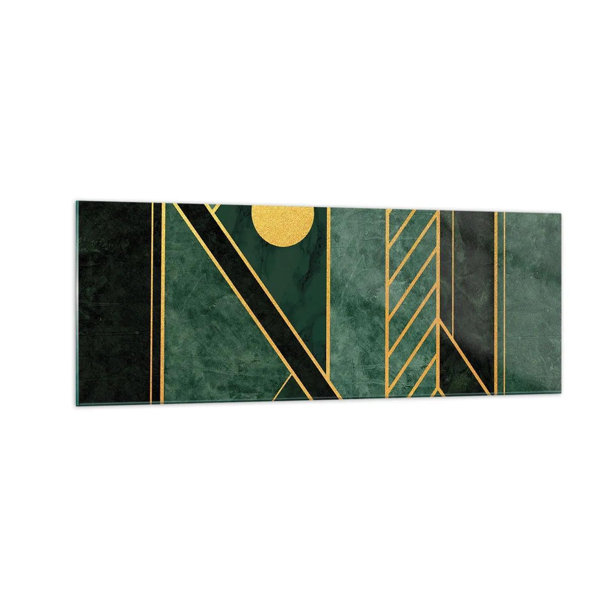 Quadro su vetro - Design geometrico verde e oro con un motivo elegante - 140x50cm - Dinamica di oro e azzurro - Decorazione murale moderna per soggiorno e camera da letto ARTTOR