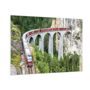 Quadro su vetro - Un treno con un ponte di montagna sullo sfondo tra paesaggi verdi - 100x70cm - Il treno tra i monti - Decorazione murale moderna per soggiorno e camera da letto ARTTOR