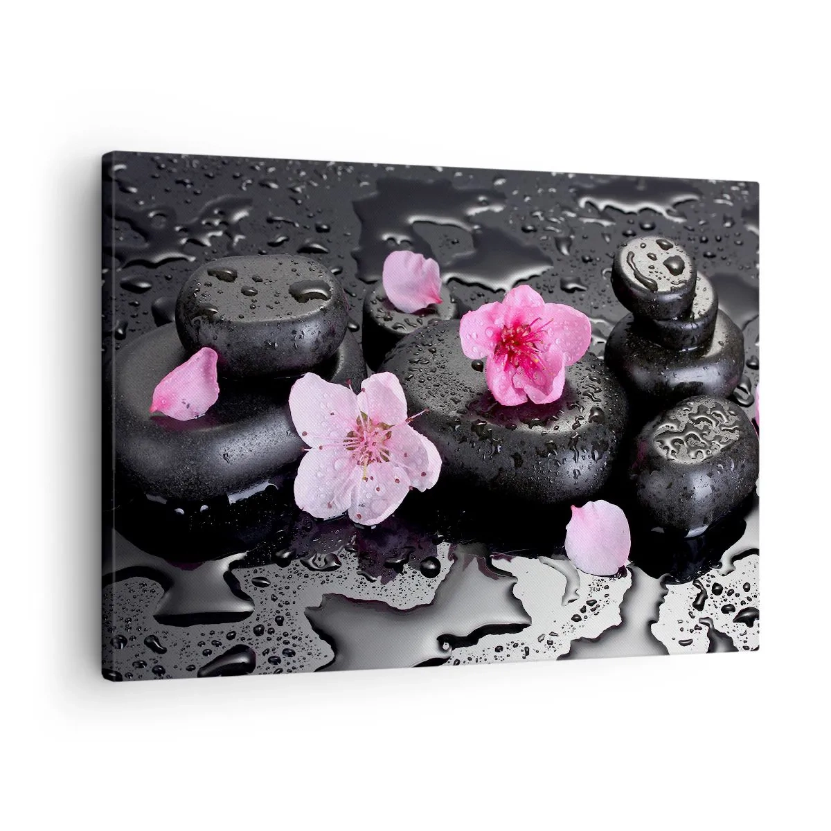 Quadro su tela - Stampe su Tela - Pietre nere e fiori rosa in stile spa - 70x50cm - E il cuore si libera di un peso - Decorazione murale moderna per soggiorno e camera da letto ARTTOR
