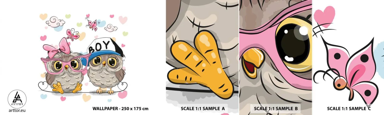 Campione Di Fotomurale Standard Eco - Amiamoci! - Per bambini, Gufo, Farfalla - 100x30 cm