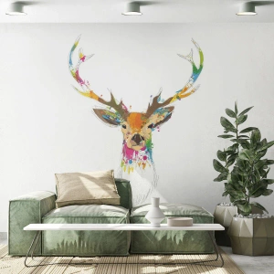 Fotomurali Premium Sand - Testa di cervo astratta colorata su sfondo bianco - 100x70cm - Mite cerbiatto immerso nel colore - Decorazione murale moderna per soggiorno e camera da letto ARTTOR
