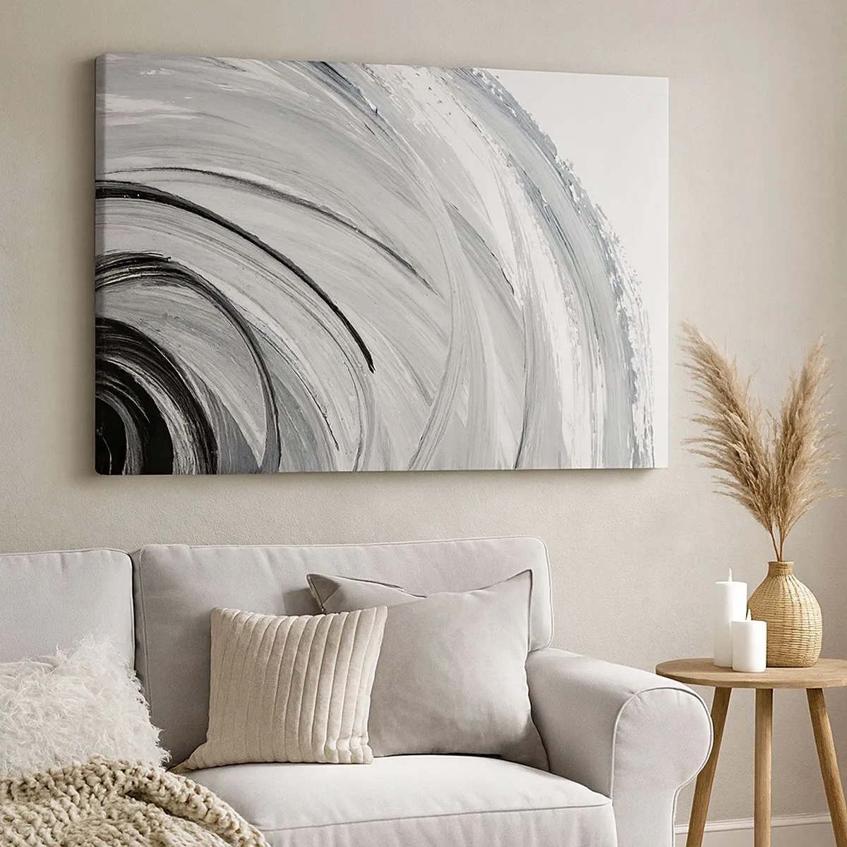 Quadro su tela - Stampe su Tela - Un vortice monocromatico nelle tonalità del grigio e del nero - 70x50cm - Composizione orbitale - Decorazione murale moderna per soggiorno e camera da letto ARTTOR