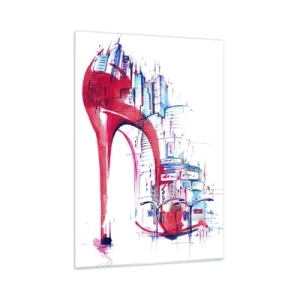 Quadro su vetro - Stiletto rosso con motivo di architettura urbana - 50x70cm - Elegante nella grande città - Decorazione murale moderna per soggiorno e camera da letto ARTTOR