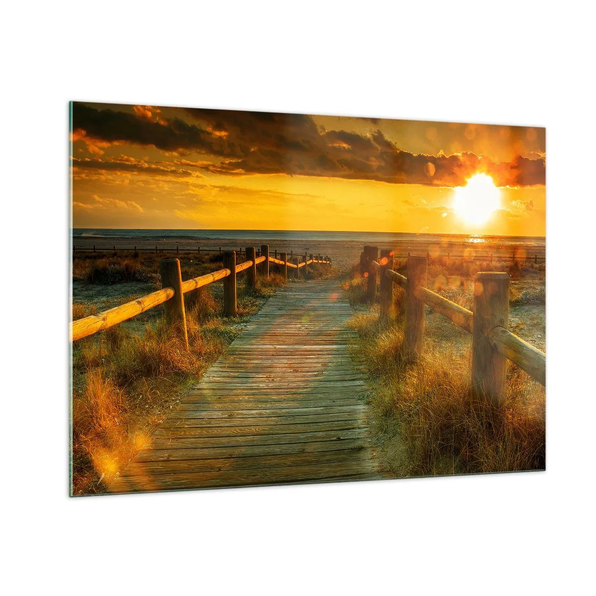 Quadro su vetro - Un sentiero in legno che conduce verso il tramonto - 100x70cm - Immerse nell'oro vecchio - Decorazione murale moderna per soggiorno e camera da letto ARTTOR