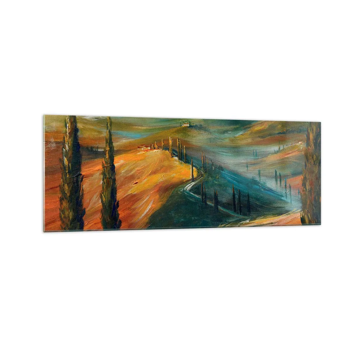 Quadro su vetro - Paesaggio toscano con campi, strada e cipressi - 140x50cm - Paesaggio toscano - Decorazione murale moderna per soggiorno e camera da letto ARTTOR