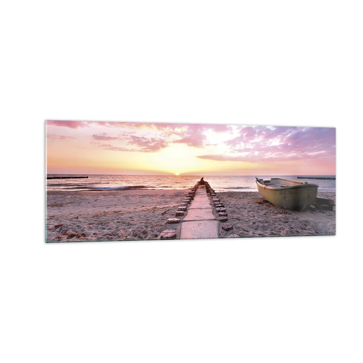 Quadro su vetro - Spiaggia all'alba con barca e molo - 140x50cm - Un momento profondo - Decorazione murale moderna per soggiorno e camera da letto ARTTOR