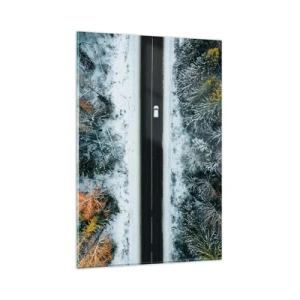 Quadro su vetro - Una strada attraverso una foresta invernale vista da una prospettiva a volo d'uccello - 80x120cm - Tagliando la foresta invernale - Decorazione murale moderna per soggiorno e camera da letto ARTTOR