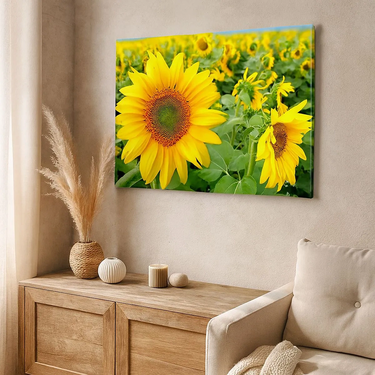 Quadro su tela - Stampe su Tela - Un campo di girasoli con fiori gialli su uno sfondo di foglie verdi - 70x50cm - Centinaia di soli ardono - Decorazione murale moderna per soggiorno e camera da letto ARTTOR