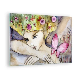 Quadro su vetro - Ritratto di una donna con acconciatura colorata e una farfalla in acquerello - 70x50cm - La farfalla della principessa - Decorazione murale moderna per soggiorno e camera da letto ARTTOR
