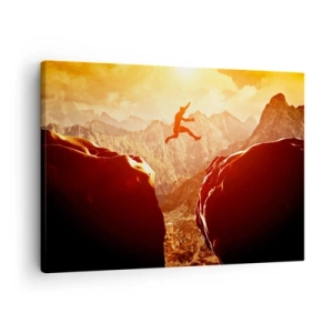 Quadro su tela - Stampe su Tela - Una figura che salta tra le rocce con le montagne sullo sfondo - 70x50cm - Superare i confini - Decorazione murale moderna per soggiorno e camera da letto ARTTOR