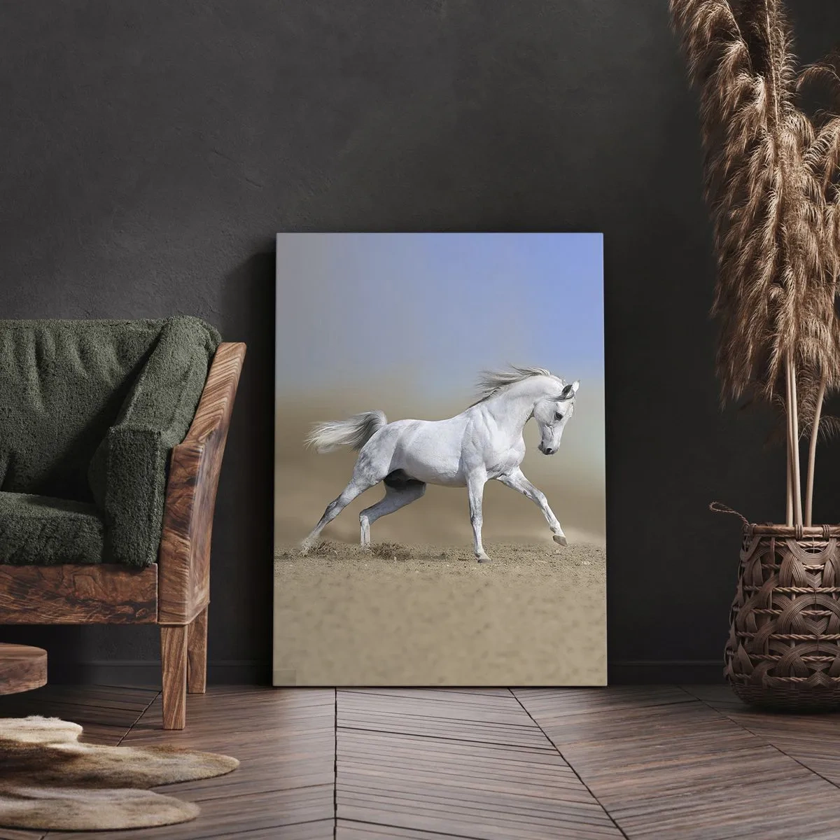 Quadro su tela - Stampe su Tela - Un cavallo bianco che galoppa attraverso un paesaggio desertico - 80x120cm - La più bella favola araba - Decorazione murale moderna per soggiorno e camera da letto ARTTOR