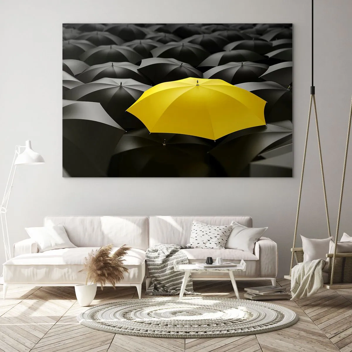 Quadro su vetro - Un ombrello giallo che spicca tra quelli neri - 120x80cm - Addio tristezza - Decorazione murale moderna per soggiorno e camera da letto ARTTOR