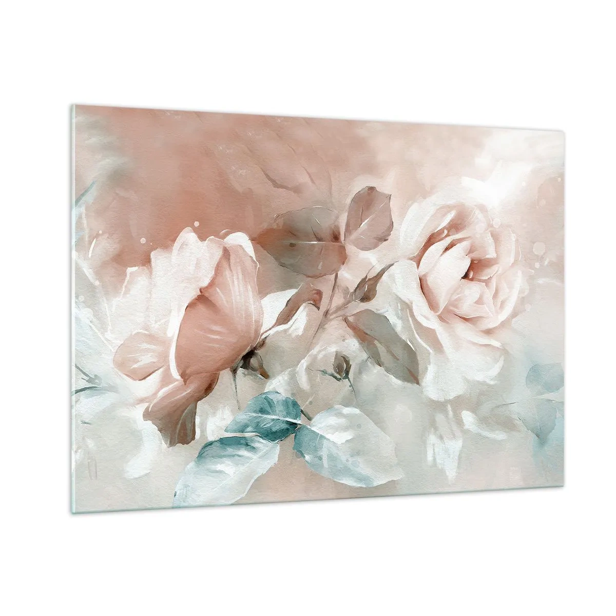 Quadro su vetro - Delicate rose pastello acquerellate su uno sfondo chiaro - 100x70cm - Lo spirito del romanticismo - Decorazione murale moderna per soggiorno e camera da letto ARTTOR