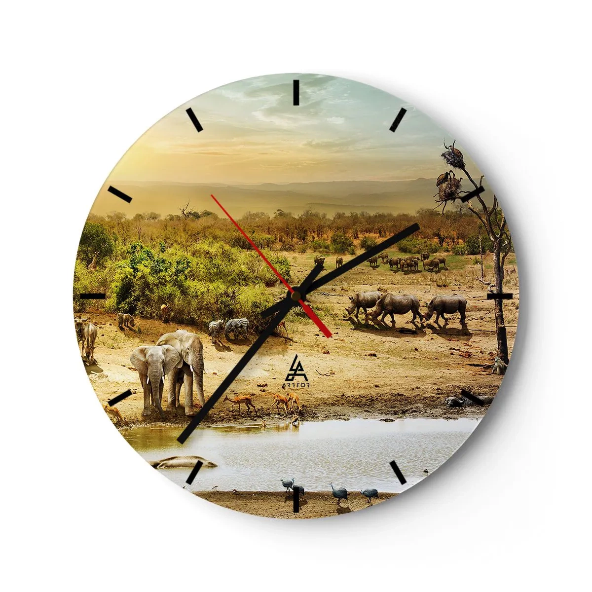 Orologio da parete - Orologio in Vetro - Savana con animali selvatici in un abbeveratoio al tramonto - 30x30cm - "Un fiume usciva da Eden…" - Decorazione murale moderna per soggiorno, cucina e camera da letto ARTTOR