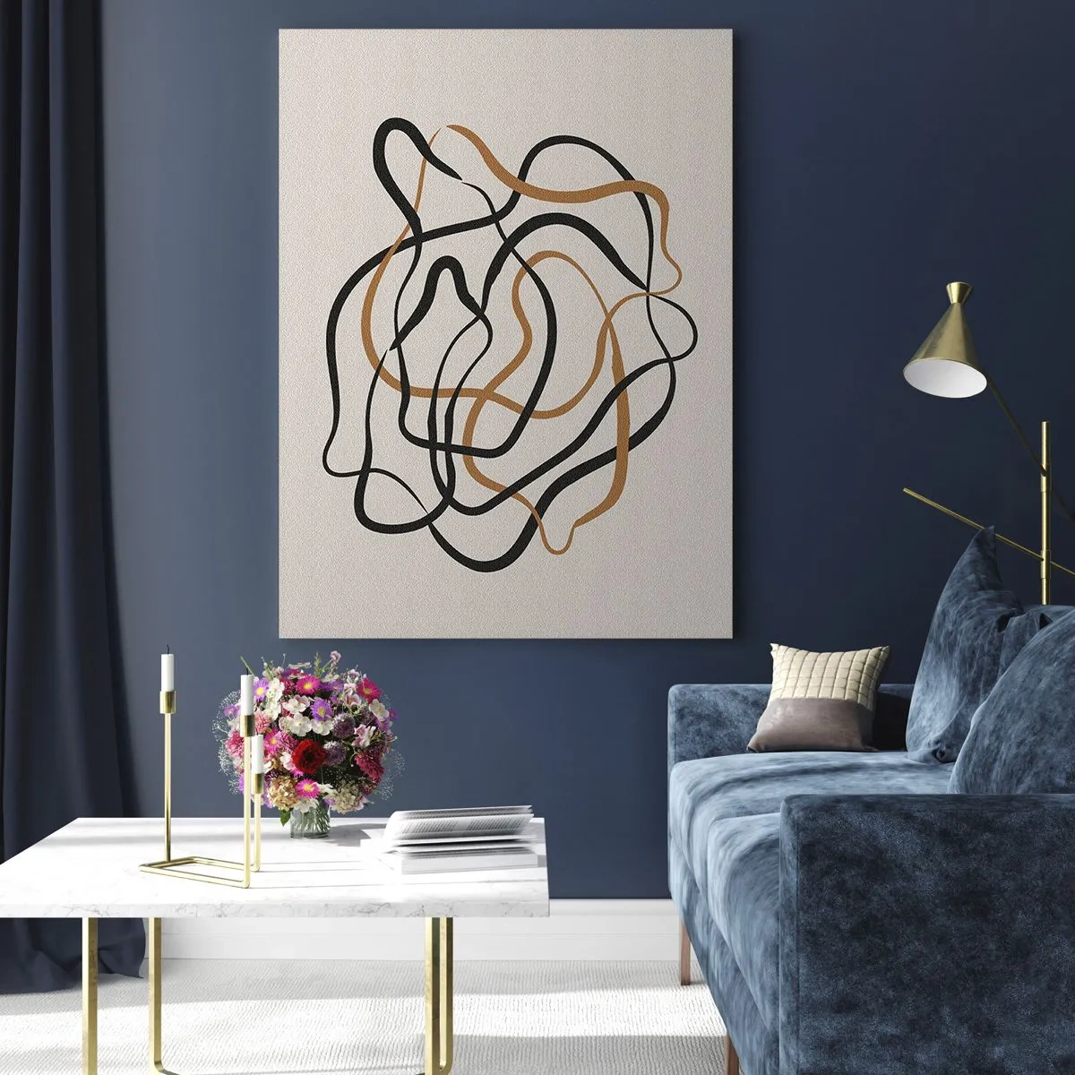 Quadro su vetro - Linee aggrovigliate in nero e oro su uno sfondo chiaro - 70x100cm - Tutto è andato storto - Decorazione murale moderna per soggiorno e camera da letto ARTTOR