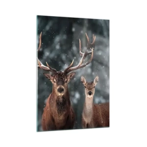 Quadro su vetro - Un cervo e una cerva in una foresta invernale ricoperta di neve - 50x70cm - Il re della foresta con la consorte - Decorazione murale moderna per soggiorno e camera da letto ARTTOR