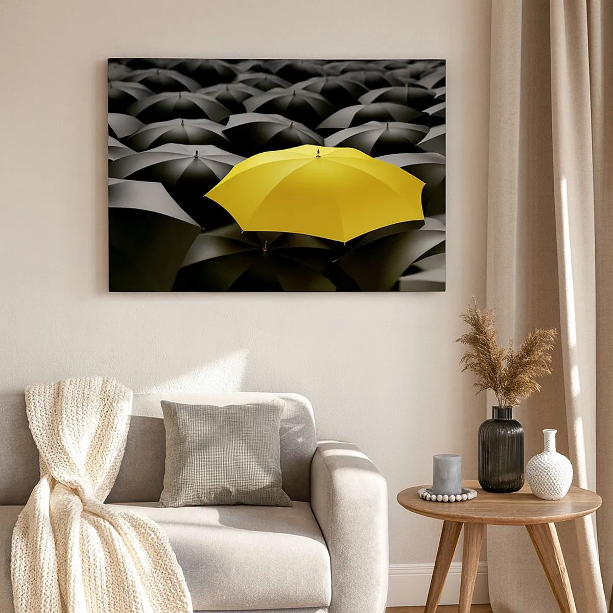 Quadro su tela - Stampe su Tela - Un ombrello giallo tra ombrelli neri - 70x50cm - Addio tristezza - Decorazione murale moderna per soggiorno e camera da letto ARTTOR
