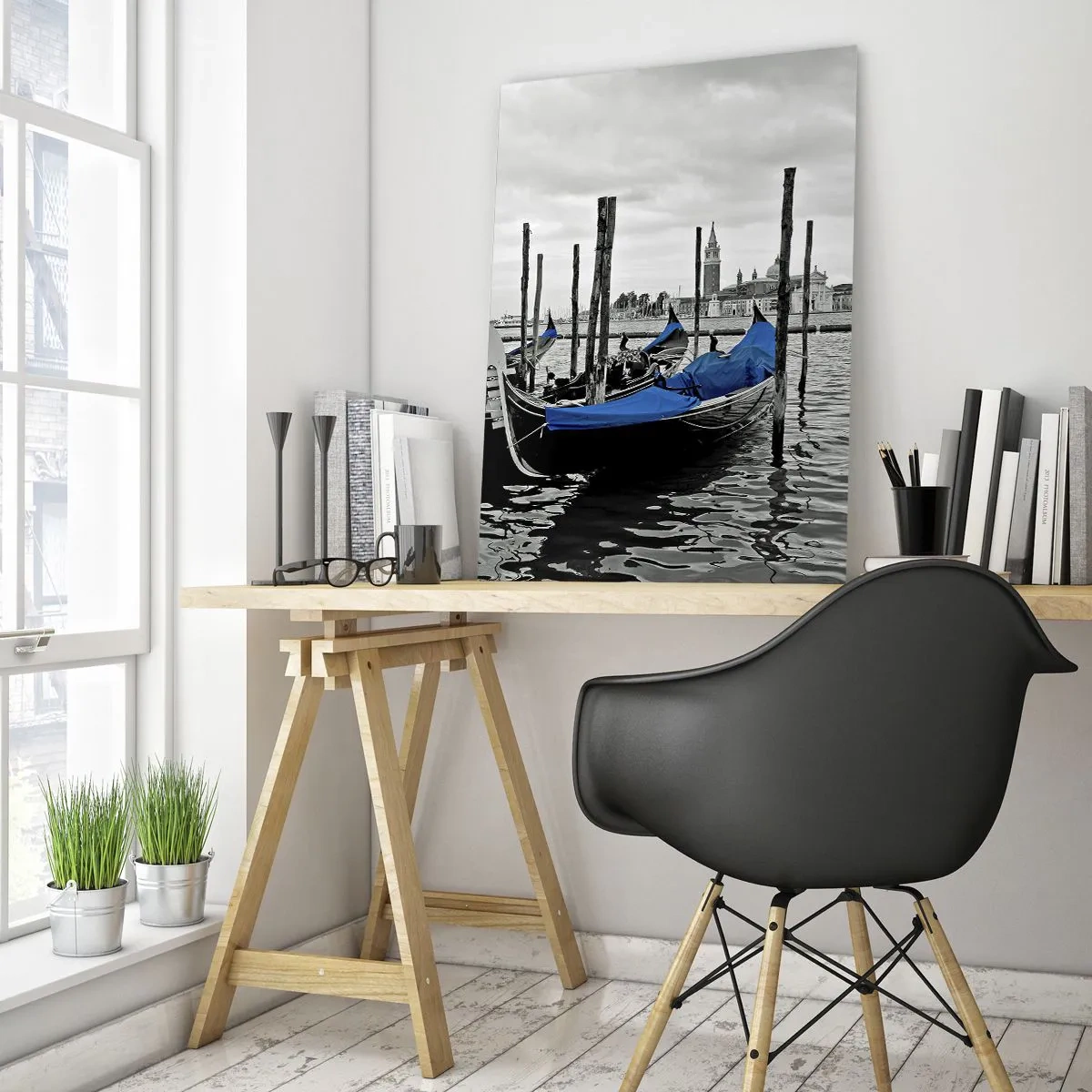 Quadro su vetro - Gondole a Venezia con coperture blu - 80x120cm - Venezia pensierosa - Decorazione murale moderna per soggiorno e camera da letto ARTTOR