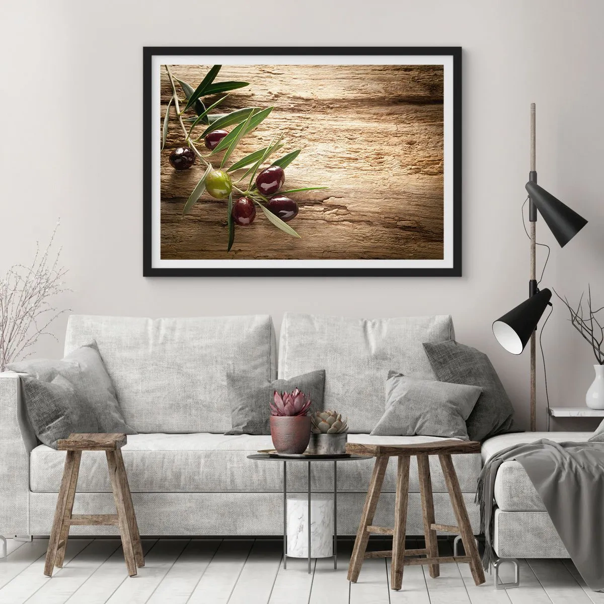 Poster in cornice nera - Ramo d'ulivo con frutta su uno sfondo di legno invecchiato - 100x70cm - Direttamente dalla natura - Decorazione murale moderna per soggiorno e camera da letto ARTTOR