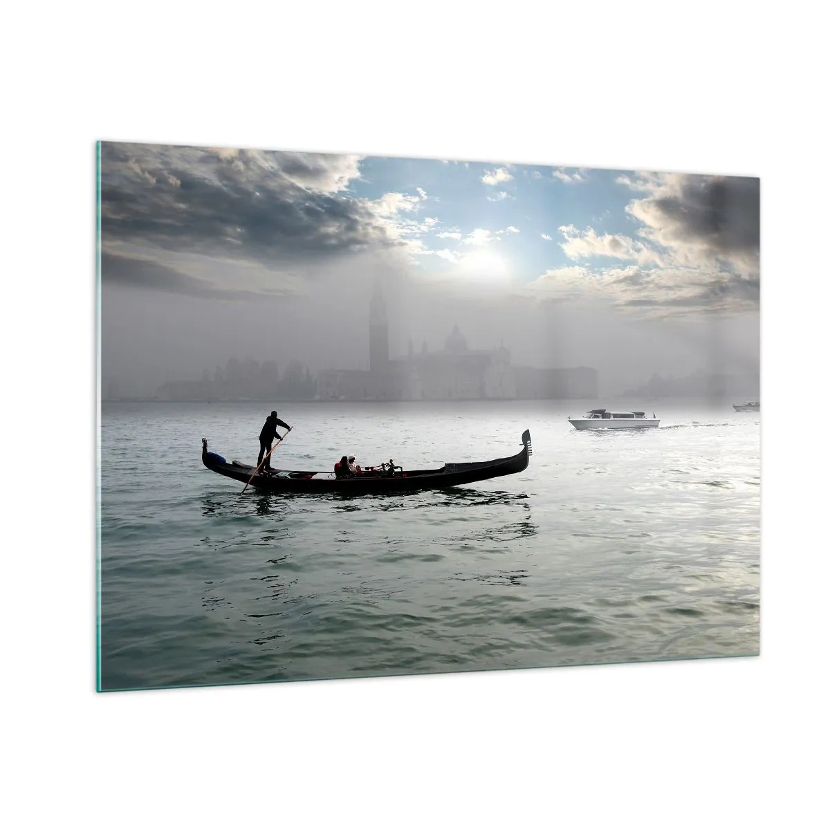 Quadro su vetro - Gondola sulle acque di Venezia in una mattina nebbiosa - 100x70cm - Città magica di acqua e nebbia - Decorazione murale moderna per soggiorno e camera da letto ARTTOR