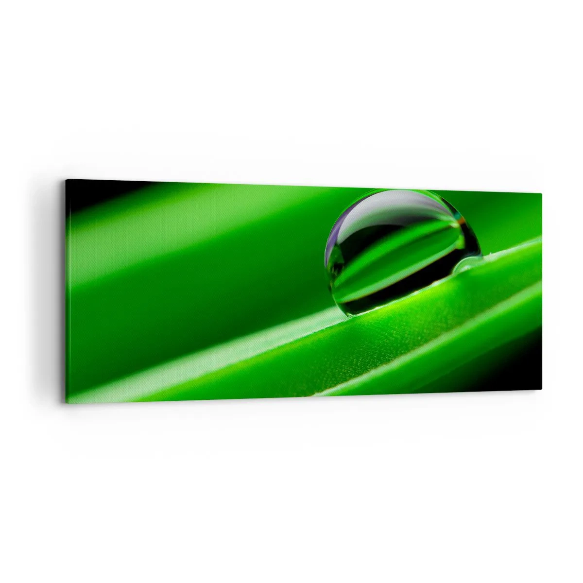 Quadro su tela - Stampe su Tela - Primo piano di una goccia di rugiada su una foglia verde - 120x50cm - La vita da vicino - Decorazione murale moderna per soggiorno e camera da letto ARTTOR