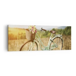 Quadro su tela - Stampe su Tela - Una bicicletta retrò con un cesto pieno di fiori sullo sfondo di un prato. - 140x50cm - Resto qui un attimo - Decorazione murale moderna per soggiorno e camera da letto ARTTOR