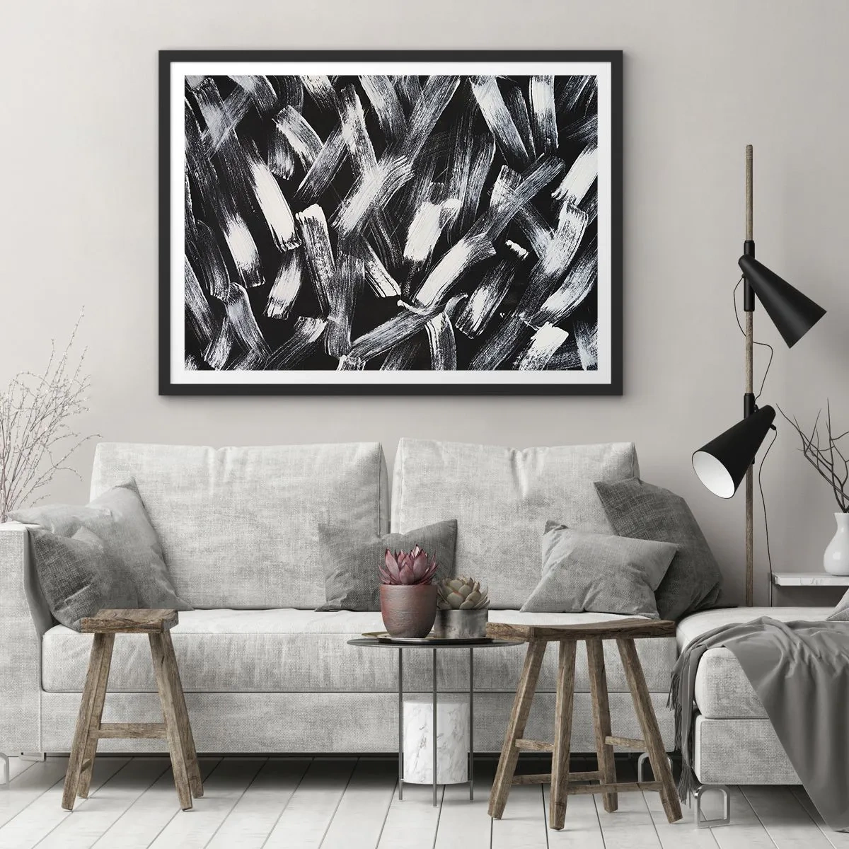 Poster in cornice nera - Astrazione dinamica con pennellate bianche su sfondo nero. - 100x70cm - Astrazione in spirito industriale - Decorazione murale moderna per soggiorno e camera da letto ARTTOR