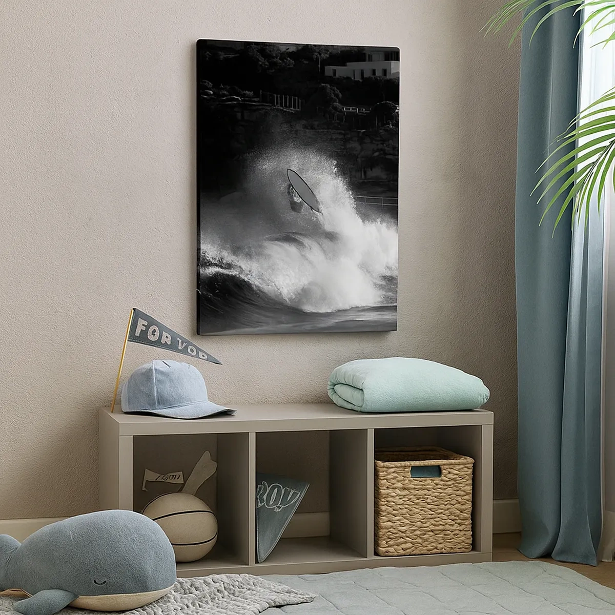 Quadro su tela - Stampe su Tela - Un surfista che cavalca un'onda in bianco e nero - 50x70cm - Sfida accettata! - Decorazione murale moderna per soggiorno e camera da letto ARTTOR