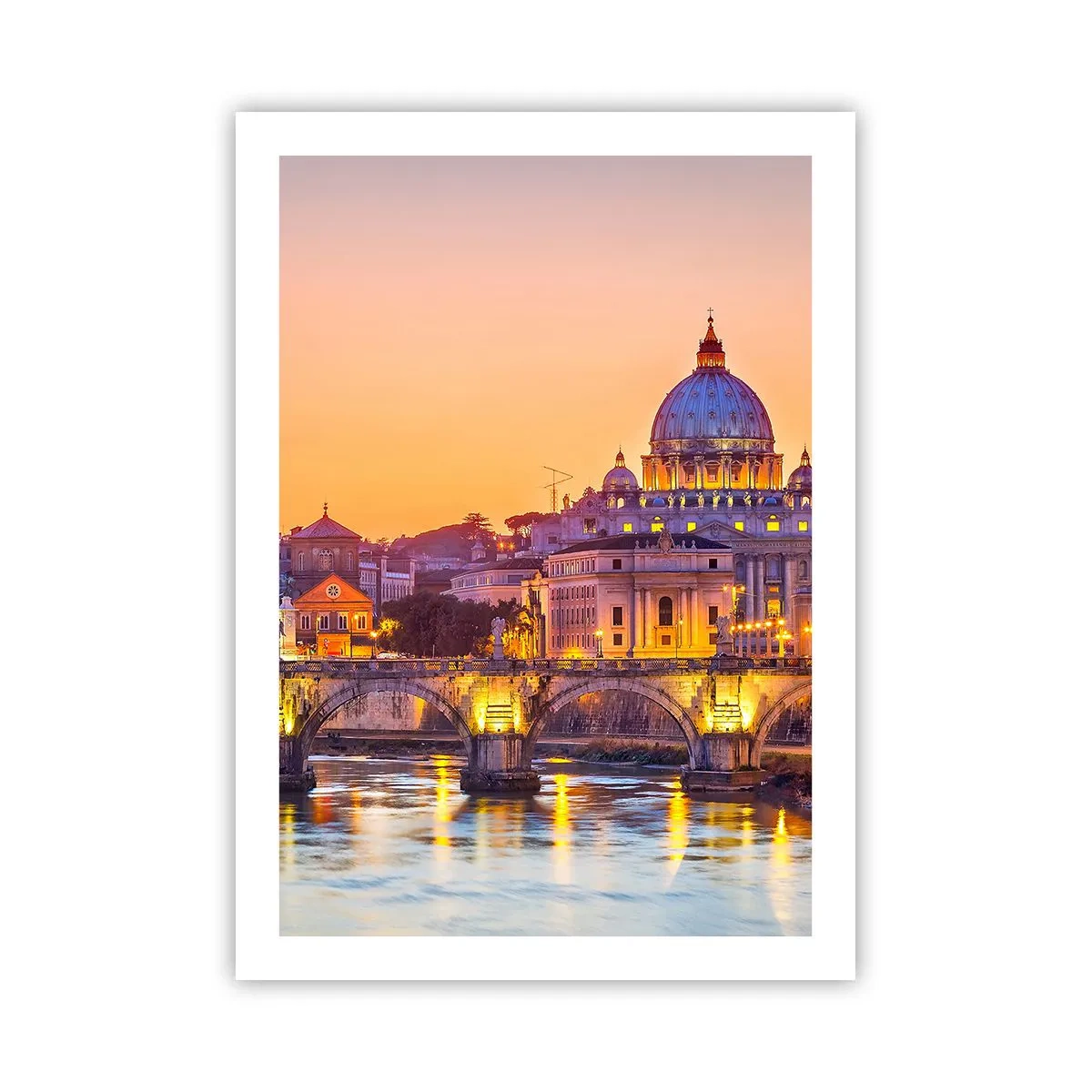 Poster - Tramonto sul ponte e sulla basilica con luci a Roma - 50x70cm - Tramonto sulla Città Eterna - Decorazione murale moderna per soggiorno e camera da letto ARTTOR