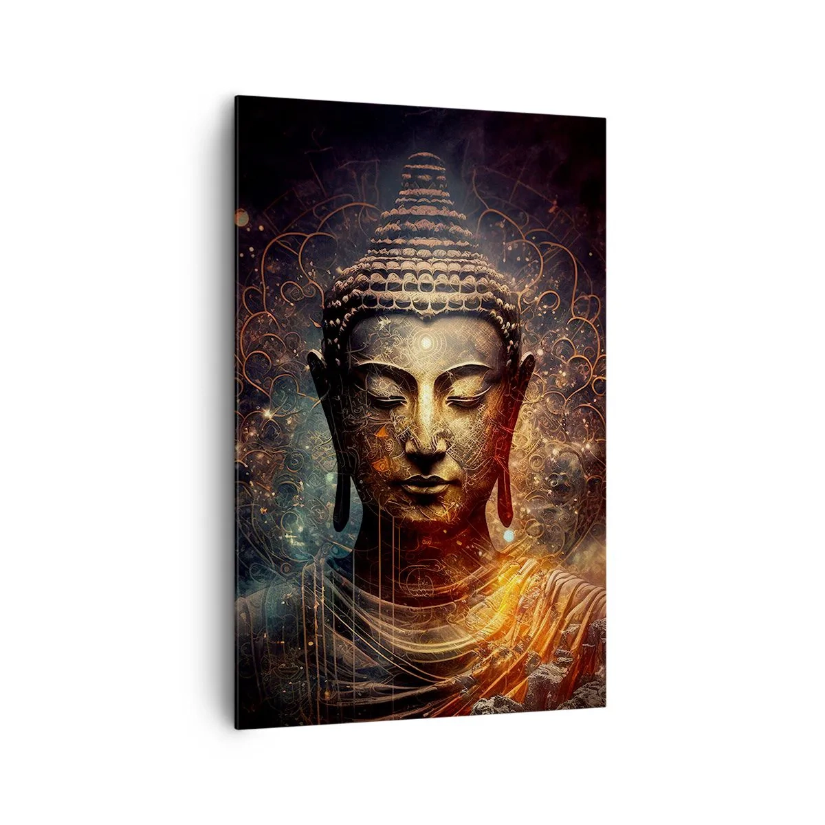 Quadro su tela - Stampe su Tela - Buddha dorato su sfondo scuro con ornamenti - 80x120cm - Equilibrio spirituale - Decorazione murale moderna per soggiorno e camera da letto ARTTOR
