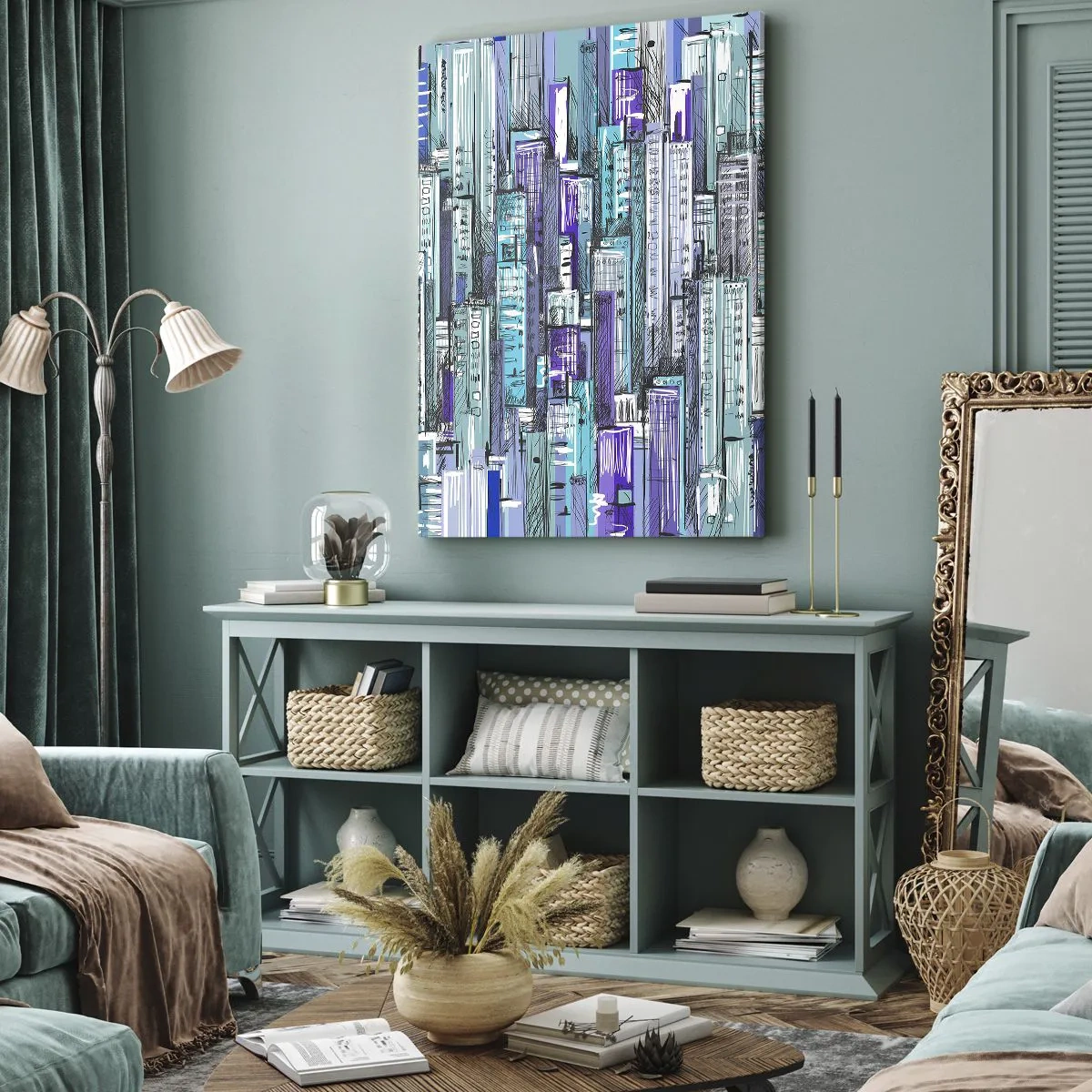 Quadro su tela - Stampe su Tela - Illustrazione di una città con edifici geometrici nelle tonalità del blu e del viola. - 50x70cm - Bluastri dal cielo - Decorazione murale moderna per soggiorno e camera da letto ARTTOR