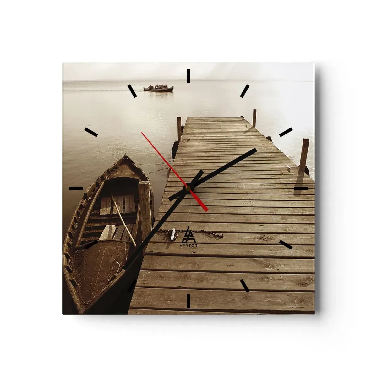 Orologio da parete - Orologio in Vetro - Molo di legno e barca su un lago calmo - 30x30cm - La grande pace - Decorazione murale moderna per soggiorno e camera da letto ARTTOR