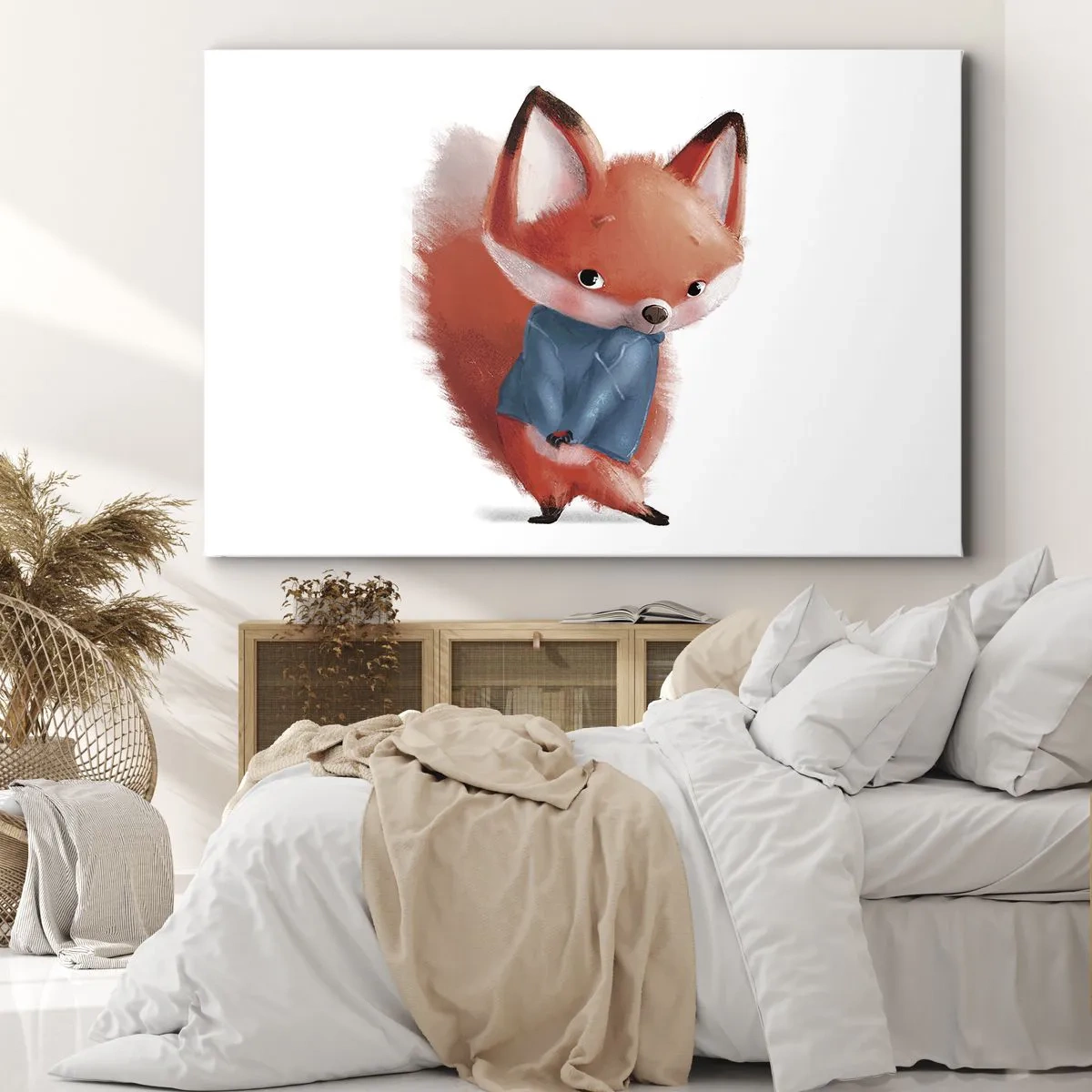 Quadro su tela - Stampe su Tela - Una simpatica volpe in un vestito blu - 70x50cm - Ci sto bene? - Decorazione murale moderna per soggiorno e camera da letto ARTTOR