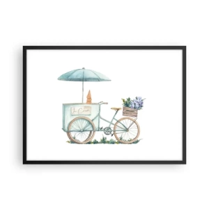 Poster in cornice nera - Una bicicletta con gelato e fiori sotto un ombrellone in delicati colori pastello - 70x50cm - Dolce ricordo d'estate - Decorazione murale moderna per soggiorno e camera da letto ARTTOR