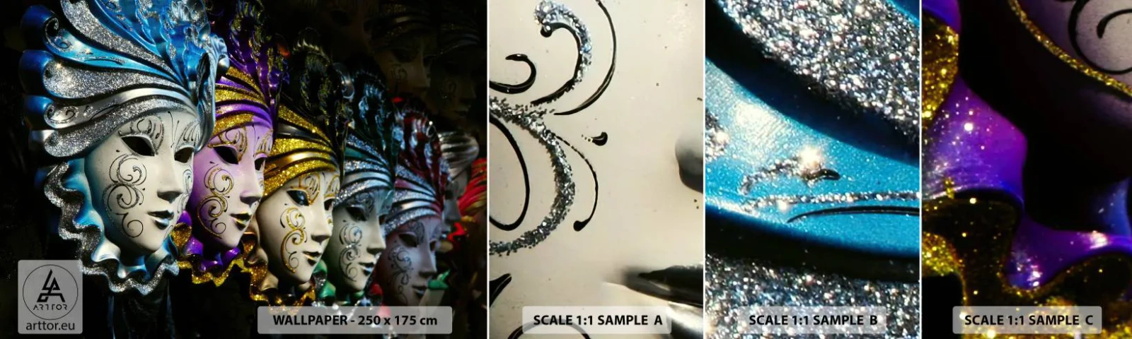 Campione Di Fotomurale Standard Eco - Mistero in oro e argento - Maschera veneziana, Venezia, Carnevale - 100x30 cm