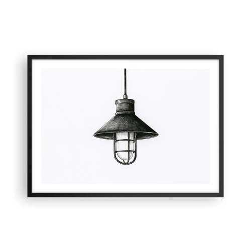 Poster in cornice nera - Disegno di una lampada a sospensione retrò su sfondo bianco - 70x50cm - Come tanti anni fa... - Decorazione murale moderna per soggiorno e camera da letto ARTTOR