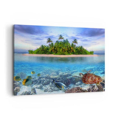 Quadro su tela - Stampe su Tela - Un'isola tropicale circondata da un oceano turchese con una barriera corallina e pesci. - 120x80cm - L'isola del paradiso dà il benvenuto - Decorazione murale moderna per soggiorno e camera da letto ARTTOR