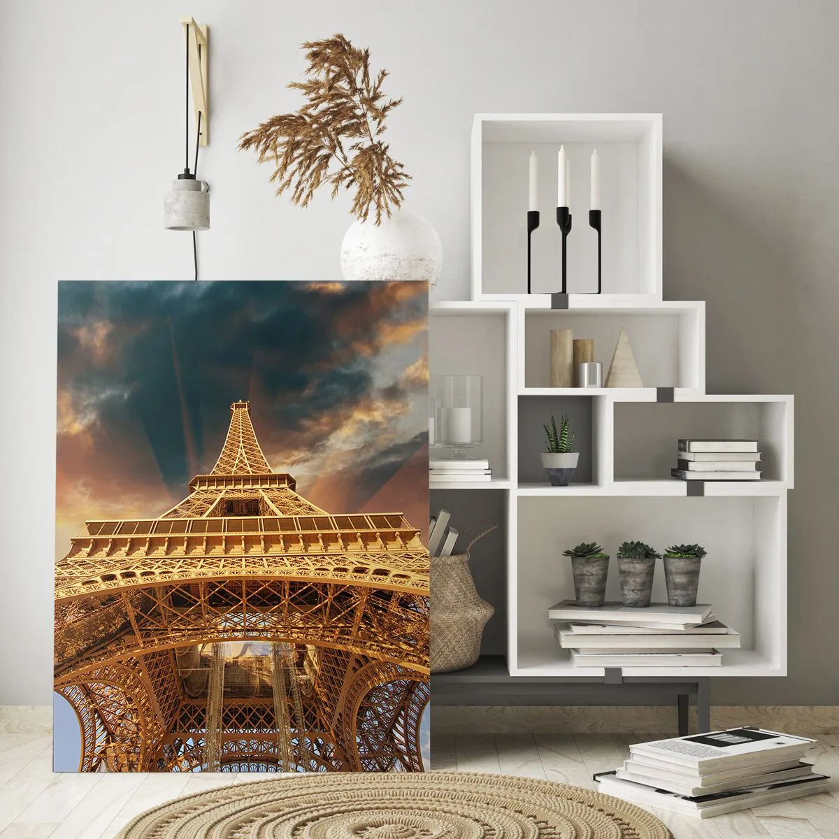 Quadro su vetro - La Torre Eiffel ripresa da una prospettiva a occhio di verme - 50x70cm - Come gli uomini hanno raggiunto il cielo - Decorazione murale moderna per soggiorno e camera da letto ARTTOR