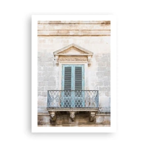 Poster - Balcone storico con persiane blu in stile mediterraneo - 50x70cm - Il fascino unico dell'Italia - Decorazione murale moderna per soggiorno e camera da letto ARTTOR