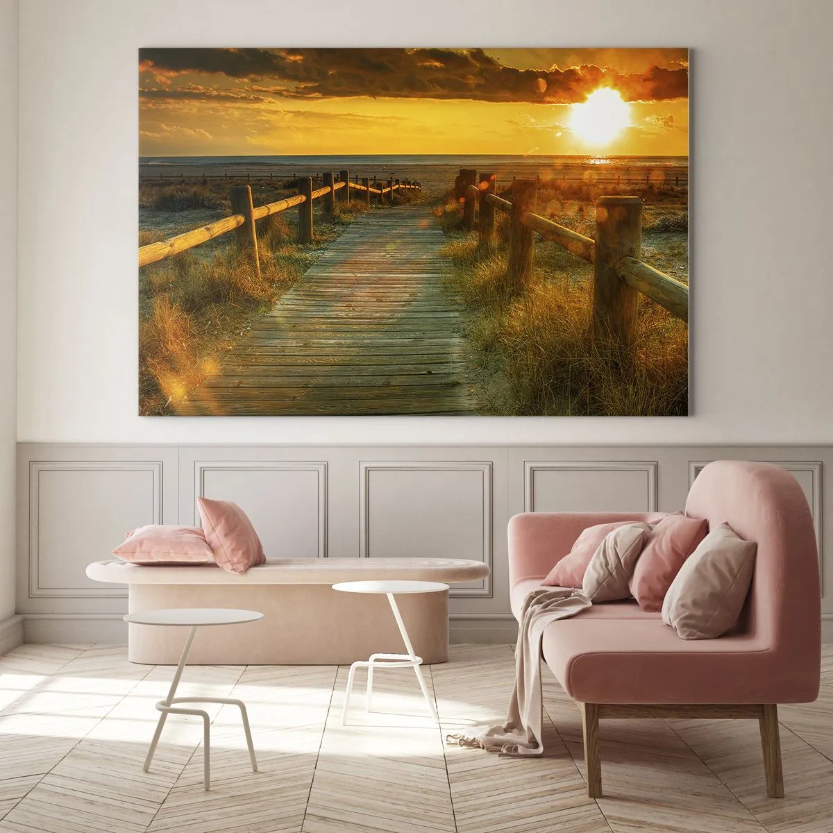 Quadro su vetro - Un sentiero in legno che conduce verso il tramonto - 120x80cm - Immerse nell'oro vecchio - Decorazione murale moderna per soggiorno e camera da letto ARTTOR